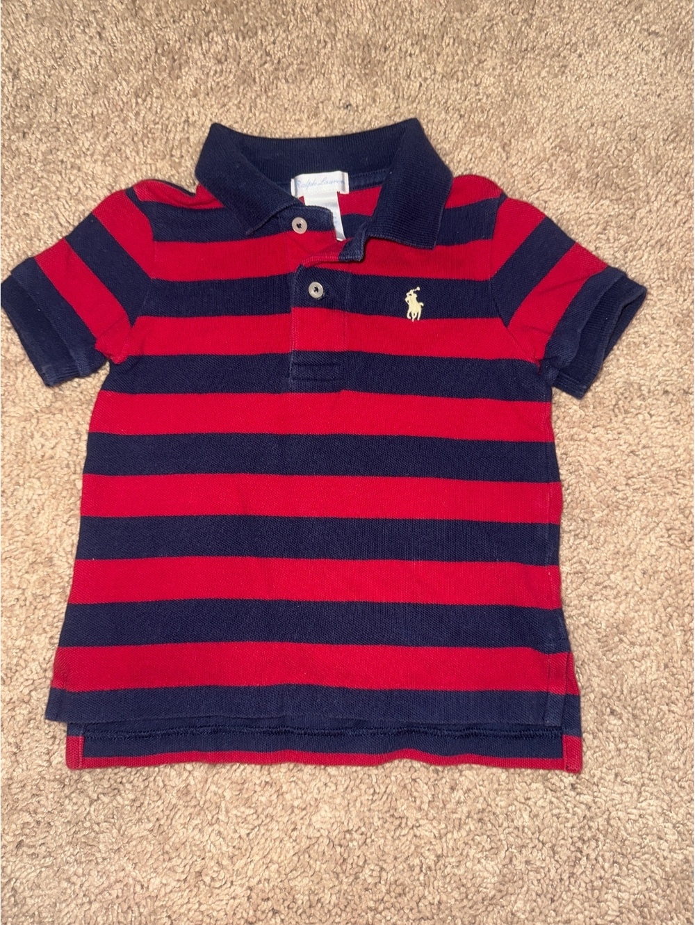 Ralph Lauren Boys' Red and Navy Striped Polo Shirt Size 18M